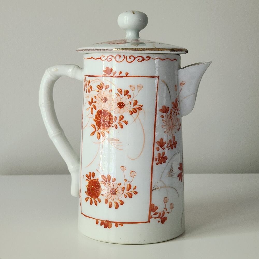 Antique Japanese Chocolate Pot | Early 20th Century Porcelain | Red Orange Gold